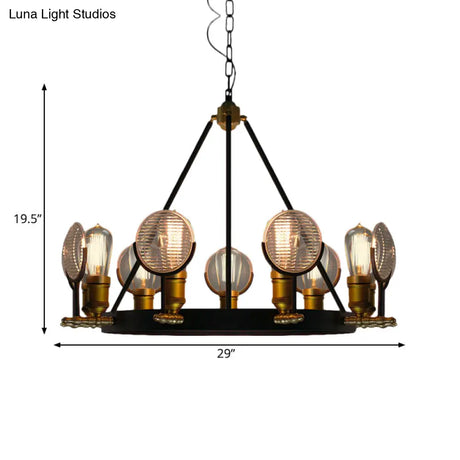 Vintage Black Grid Glass Lens Chandelier Lamp - 6/9/12 Lights Hanging Light Kit For Restaurants