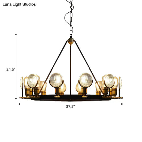 Vintage Black Grid Glass Lens Chandelier Lamp - 6/9/12 Lights Hanging Light Kit For Restaurants