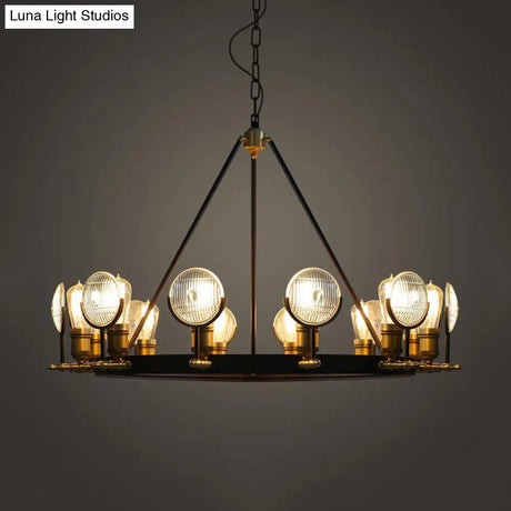 Vintage Black Grid Glass Lens Chandelier Lamp - 6/9/12 Lights Hanging Light Kit For Restaurants