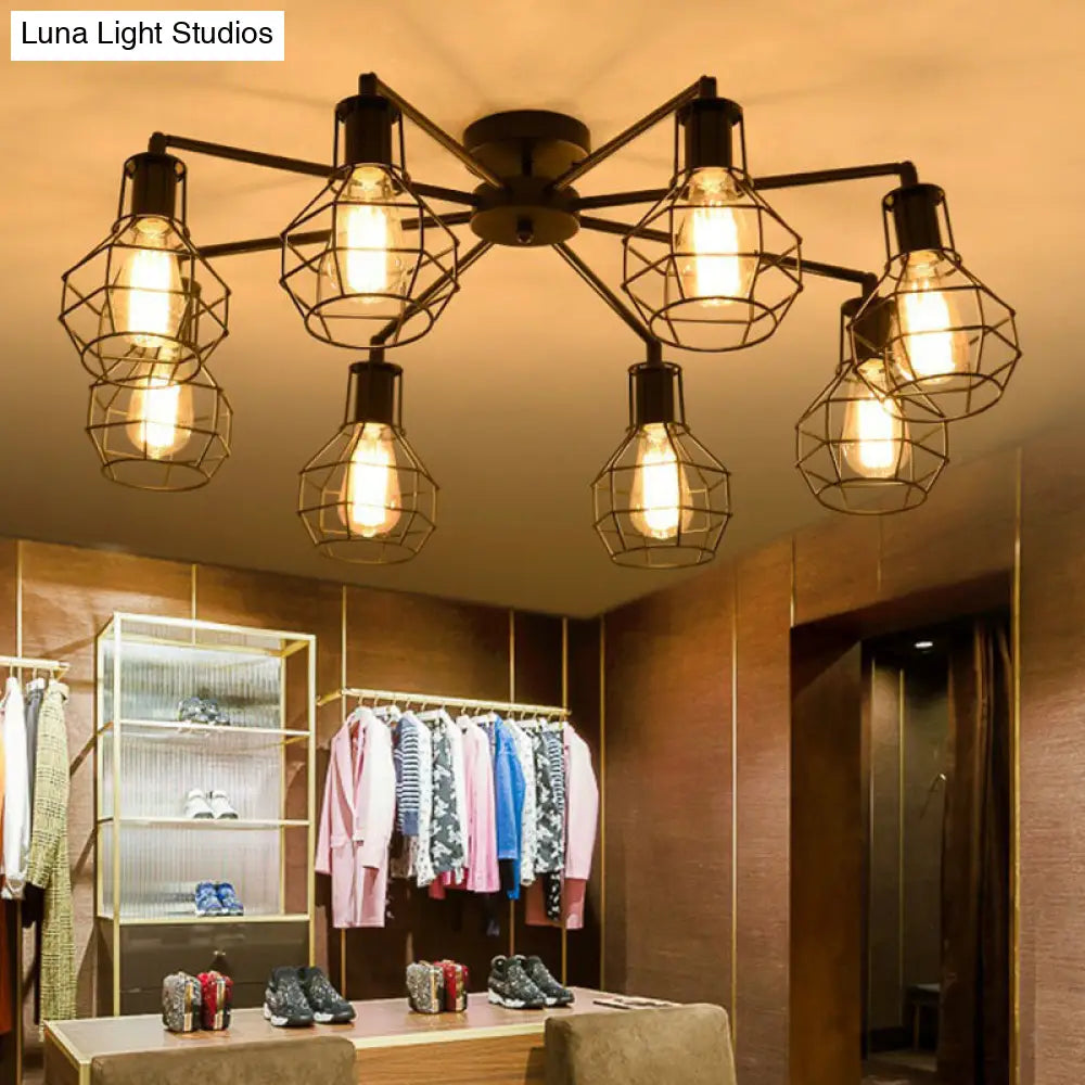 Vintage Black Iron Semi Flush Ceiling Light With Radial Shape And Cage - Ideal For Restaurants