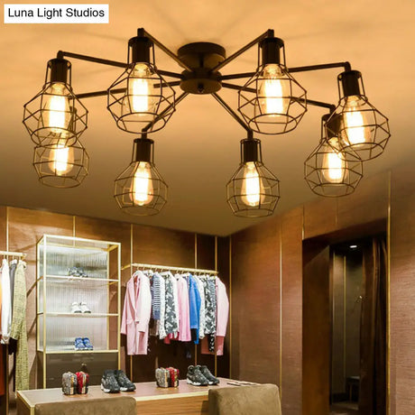 Vintage Black Iron Semi Flush Ceiling Light With Radial Shape And Cage - Ideal For Restaurants