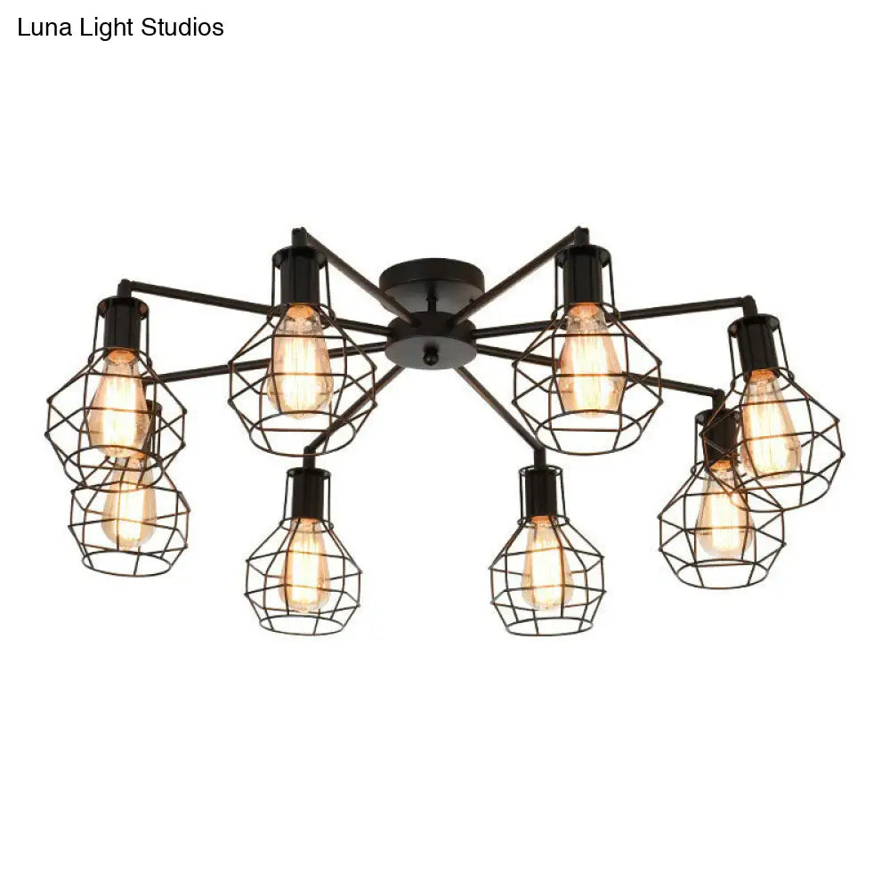 Vintage Black Iron Semi Flush Ceiling Light With Radial Shape And Cage - Ideal For Restaurants