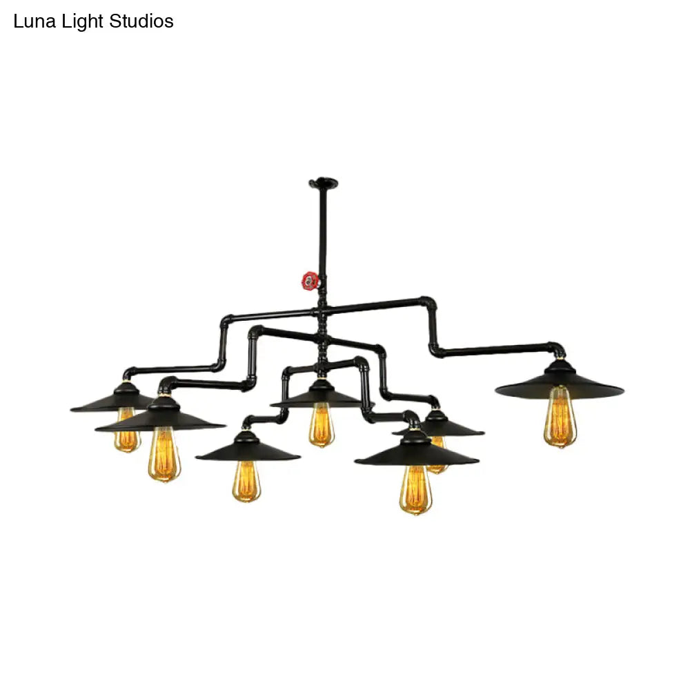 Vintage Black Island Pendant Lamp With 7 Bulbs: Metallic 3-Layer Water Pipe Design For Living Room