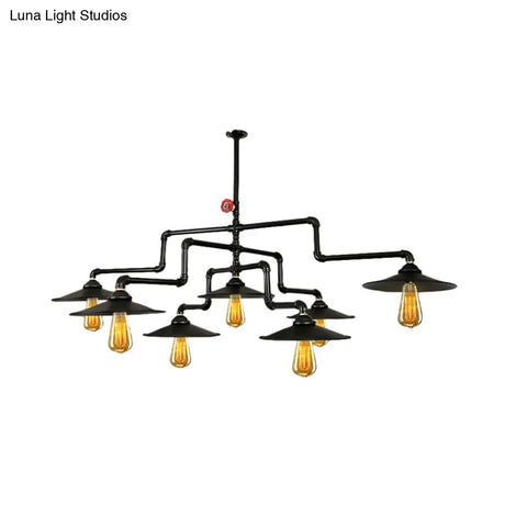 Vintage Black Island Pendant Lamp With 7 Bulbs: Metallic 3-Layer Water Pipe Design For Living Room