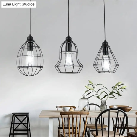 Vintage Black Metal Cage Pendant Lighting With 3 Different Shade Bulbs - Perfect For Coffee Shop