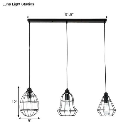 Vintage Black Metal Cage Pendant Lighting With 3 Different Shade Bulbs - Perfect For Coffee Shop