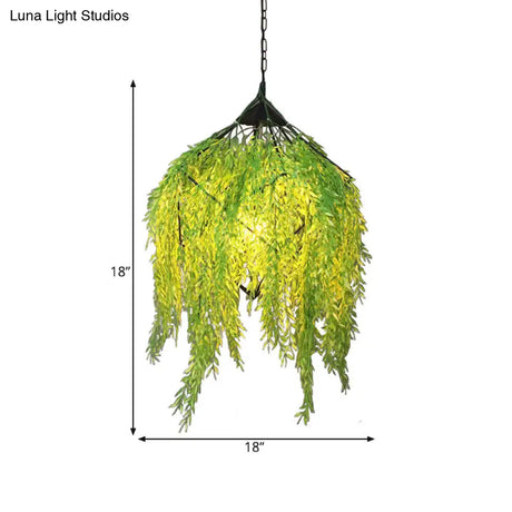 Vintage Black Metal Caged Pendant Light With Plant Accent For Restaurant - 1 Bulb Led 18’/21.5
