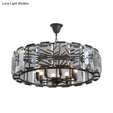 Vintage Black Metal Drum Shade Chandelier With Crystal Block - 18’ Diameter 5/8 Heads Hanging Lamp