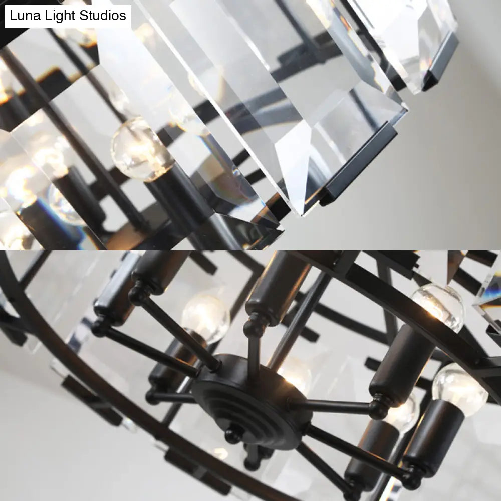 Vintage Black Metal Drum Shade Chandelier With Crystal Block - 18’ Diameter 5/8 Heads Hanging Lamp