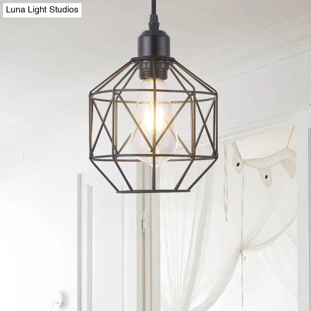 Vintage Black Metal Prism Cage Pendant Lamp - Ideal For Dining Room 1-Light Hanging Light Fixture