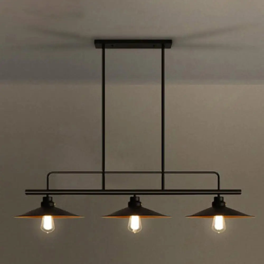 Vintage Black Metal Saucer Suspension Island Lamp With 3 Lights For Dining Room