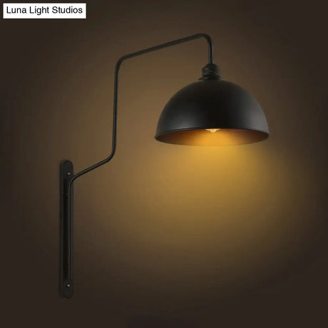Vintage Black Metal Sconce Wall Light With Curved Arm For Restaurants - 1 Head Bowl Shape