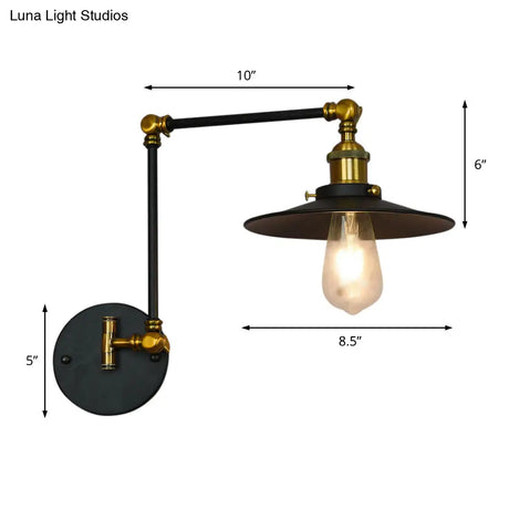 Vintage Black Metal Wall Sconce With Adjustable Arm And Saucer Shade For Living Room Lighting