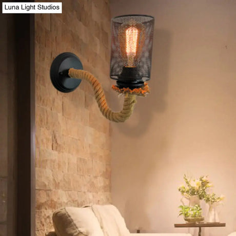 Vintage Black Metal Wall Sconce With Rope Arm - 1-Light Dining Room Lighting Fixture