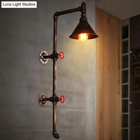 Vintage Black Pencil Arm Sconce Light Fixture: 1-Bulb Corridor Wall Mount Pipe Lamp With Valve Deco