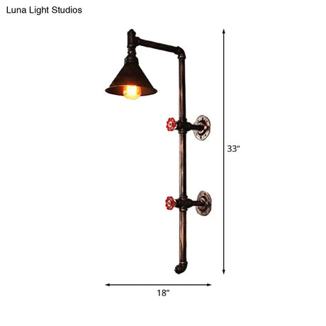 Vintage Black Pencil Arm Sconce Light Fixture: 1-Bulb Corridor Wall Mount Pipe Lamp With Valve Deco