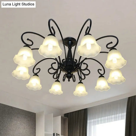 Vintage Black Ruffle Glass Floral Chandelier Pendant Light For Dining Room