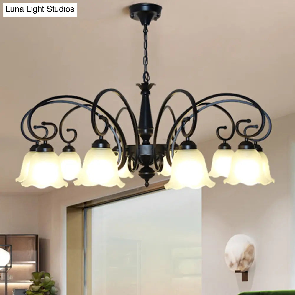 Vintage Black Ruffle Glass Floral Chandelier Pendant Light For Dining Room