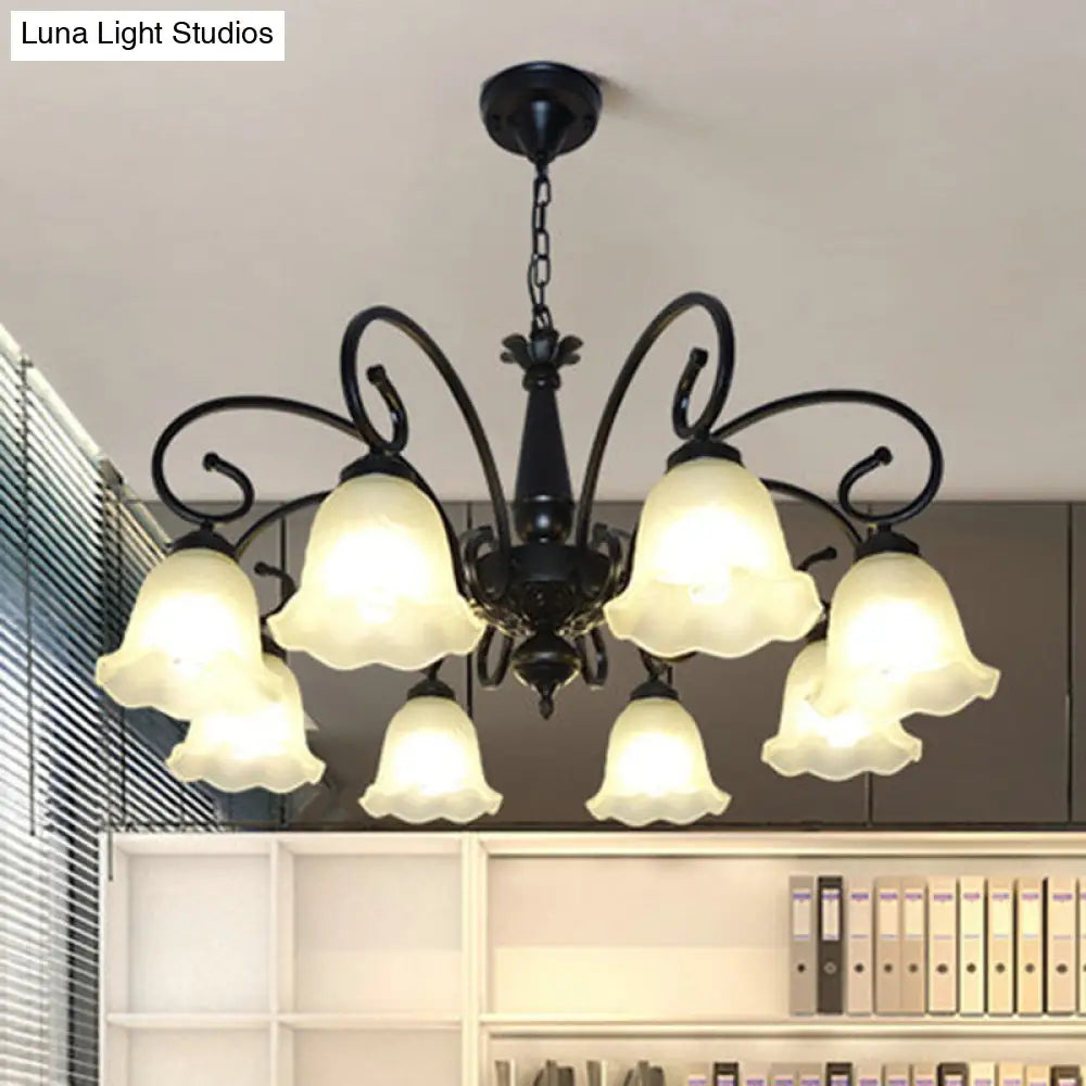 Vintage Black Ruffle Glass Floral Chandelier Pendant Light For Dining Room