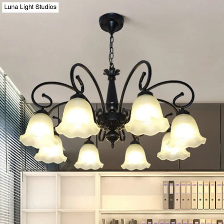 Vintage Black Ruffle Glass Floral Chandelier Pendant Light For Dining Room