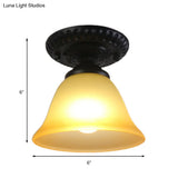 Vintage Black Semi Flush Ceiling Light With Bell Shade Opal/Amber Glass - Ideal For Living Room