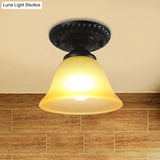 Vintage Black Semi Flush Ceiling Light With Bell Shade Opal/Amber Glass - Ideal For Living Room