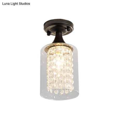 Vintage Black Semi Flush Mount Ceiling Light With Cylinder/Globe Glass Shade And Crystal Strands