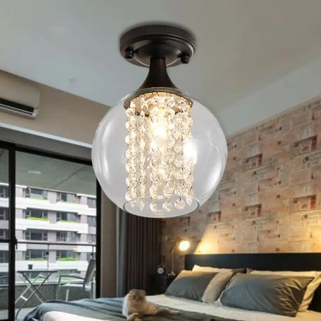 Vintage Black Semi Flush Mount Ceiling Light With Cylinder/Globe Glass Shade And Crystal Strands /