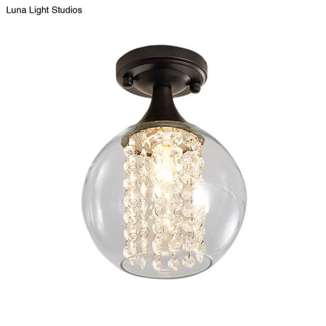 Vintage Black Semi Flush Mount Ceiling Light With Cylinder/Globe Glass Shade And Crystal Strands