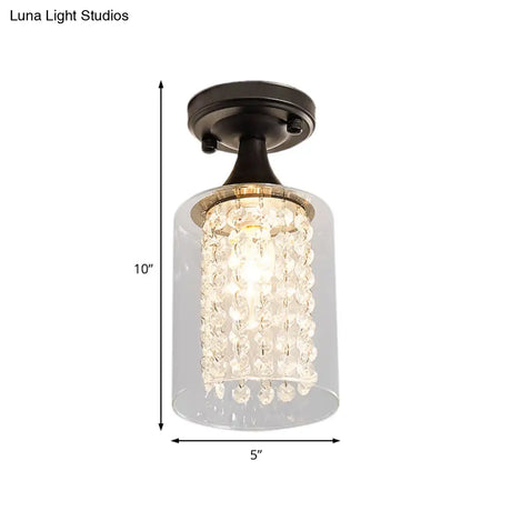 Vintage Black Semi Flush Mount Ceiling Light With Cylinder/Globe Glass Shade And Crystal Strands