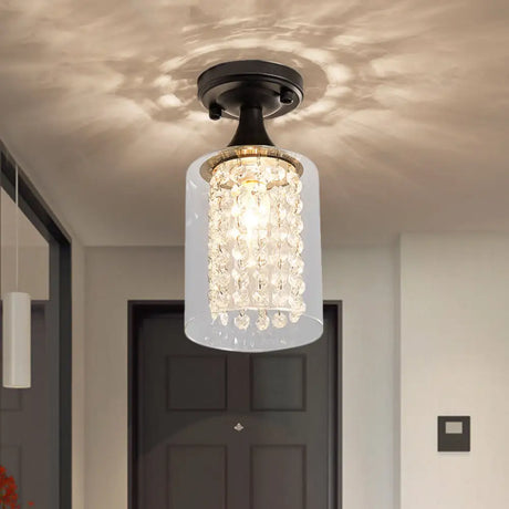 Vintage Black Semi Flush Mount Ceiling Light With Cylinder/Globe Glass Shade And Crystal Strands /