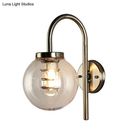 Vintage Black/Stainless-Steel Clear Glass Wall Lamp With Gooseneck For Bedroom - 1-Light Globe