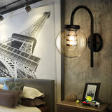 Vintage Black/Stainless-Steel Clear Glass Wall Lamp With Gooseneck For Bedroom - 1-Light Globe