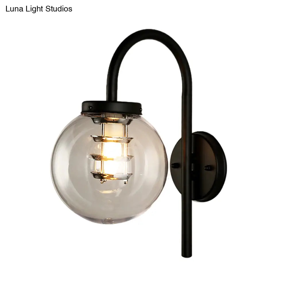 Vintage Black/Stainless-Steel Clear Glass Wall Lamp With Gooseneck For Bedroom - 1-Light Globe
