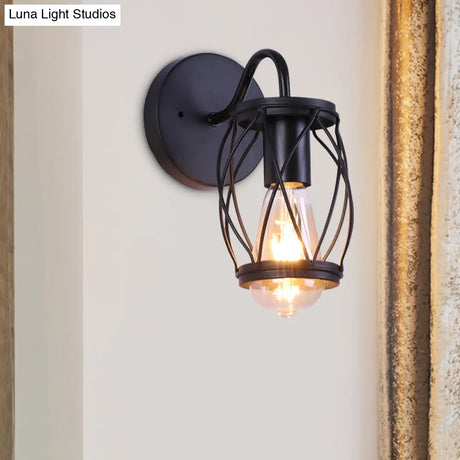 Vintage Black Waist Drum Wall Lamp With Metallic Frame For Restaurant - 1 Light Mount Fixture