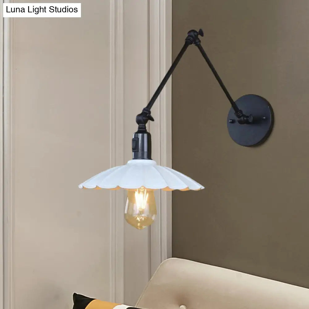 Vintage Black/White Scalloped Wall Sconce With Swing Arm - Stylish Metal Design For Living Room