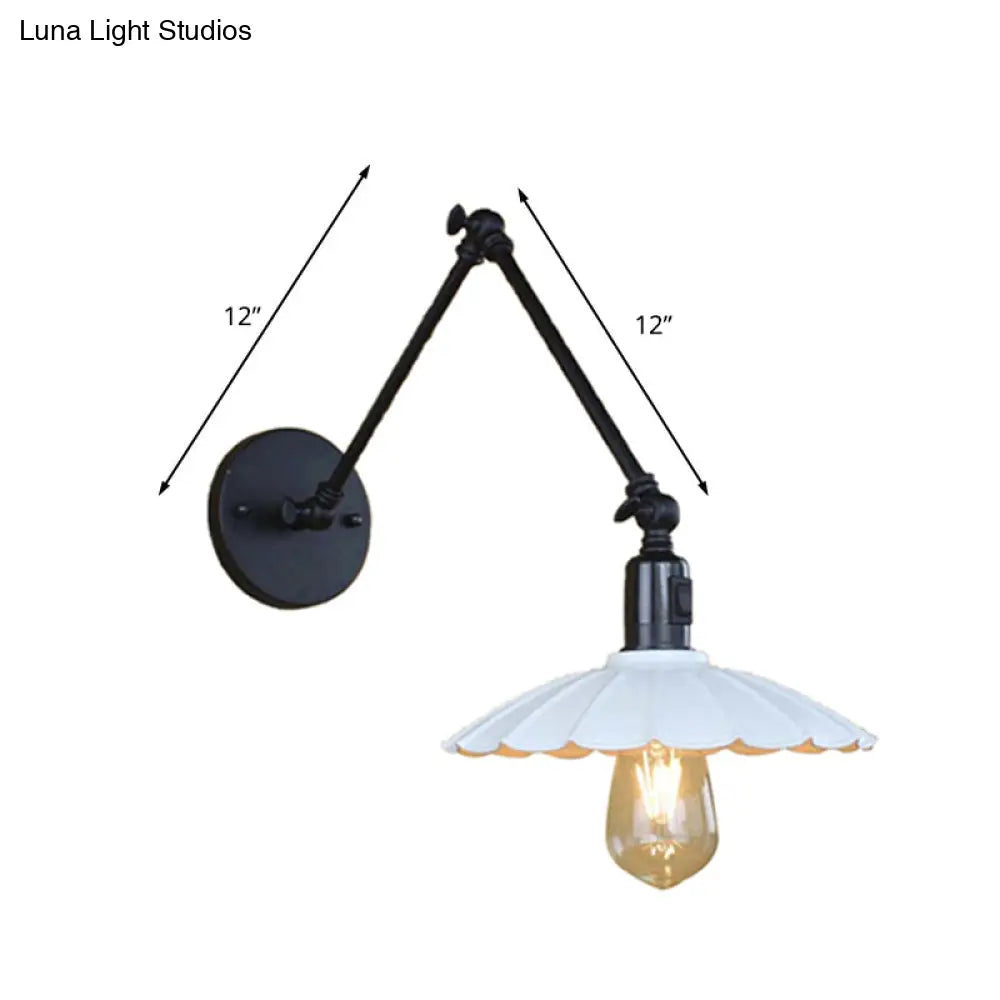 Vintage Black/White Scalloped Wall Sconce With Swing Arm - Stylish Metal Design For Living Room