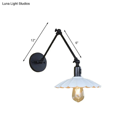 Vintage Black/White Scalloped Wall Sconce With Swing Arm - Stylish Metal Design For Living Room