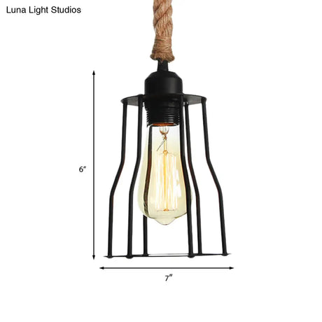 Vintage Black Wire Cage Pendant Light With Rope Cord - Dining Room Hanging Lamp