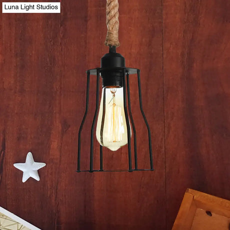 Vintage Black Wire Cage Pendant Light With Rope Cord - Dining Room Hanging Lamp