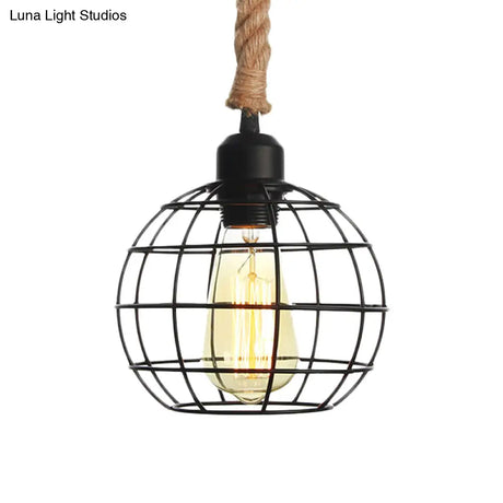 Vintage Black Wire Cage Pendant Light With Rope Cord - Dining Room Hanging Lamp