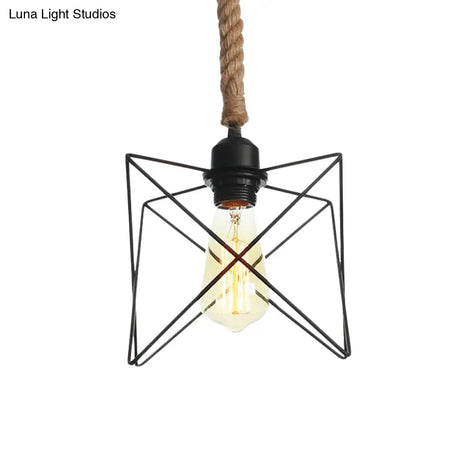 Vintage Black Wire Cage Pendant Light With Rope Cord - Dining Room Hanging Lamp