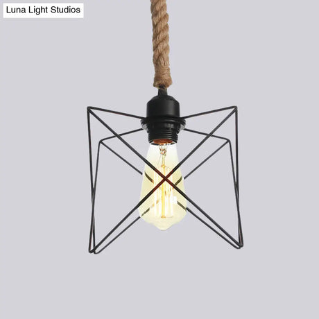 Vintage Black Wire Cage Pendant Light With Rope Cord - Dining Room Hanging Lamp