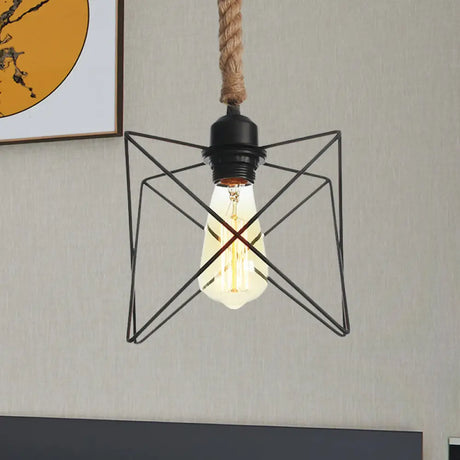 Vintage Black Wire Cage Pendant Light With Rope Cord - Dining Room Hanging Lamp / A