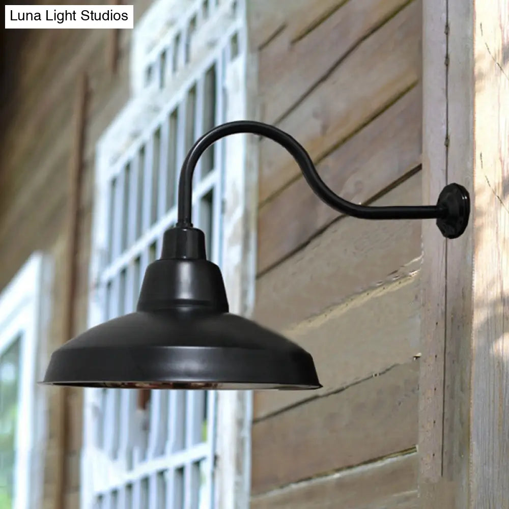 Vintage Black Wrought Iron Wall Sconce With Gooseneck Arm - Porch Lighting Fixture