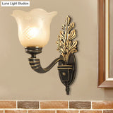 Vintage Blossom Carved Glass Wall Sconce In Black For Living Room - Half-Light Fixture With Curved