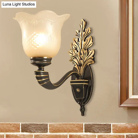 Vintage Blossom Carved Glass Wall Sconce In Black For Living Room - Half-Light Fixture With Curved