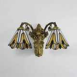 Vintage Blue/Beige Floral Stained Glass Wall Mount Light With 2 Bulbs - Antique Brass Bedroom