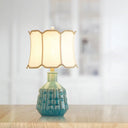 Vintage Blue Bell/Drum Table Lamp With Scalloped Fabric Shade - Ceramic Base For Parlor Nightstand /
