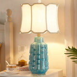 Vintage Blue Bell/Drum Table Lamp With Scalloped Fabric Shade - Ceramic Base For Parlor Nightstand /